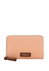 Peach-colored wallet made from smooth synthetic material with a brown logo accent and a zipper closure. Features clean lines and rectangular shape.