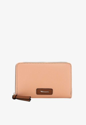 Peegelpruun rahakott, mis on valmistatud siledast sünteetilisest materjalist, pruuni logo aksendiga ja lukuga. Omab puhaseid jooni ja ristküliku kuju.