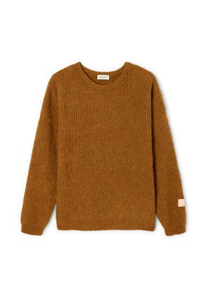 Maglione marrone lavorato a maglia con trama a coste, scollo rotondo, maniche lunghe e un piccolo dettaglio rosa sulla manica sinistra.