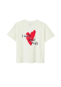 T-shirt en coton blanc avec un grand cœur rouge imprimé et un texte noir "J'AIME NEW YORK" sur le devant. Manches courtes, coupe décontractée.