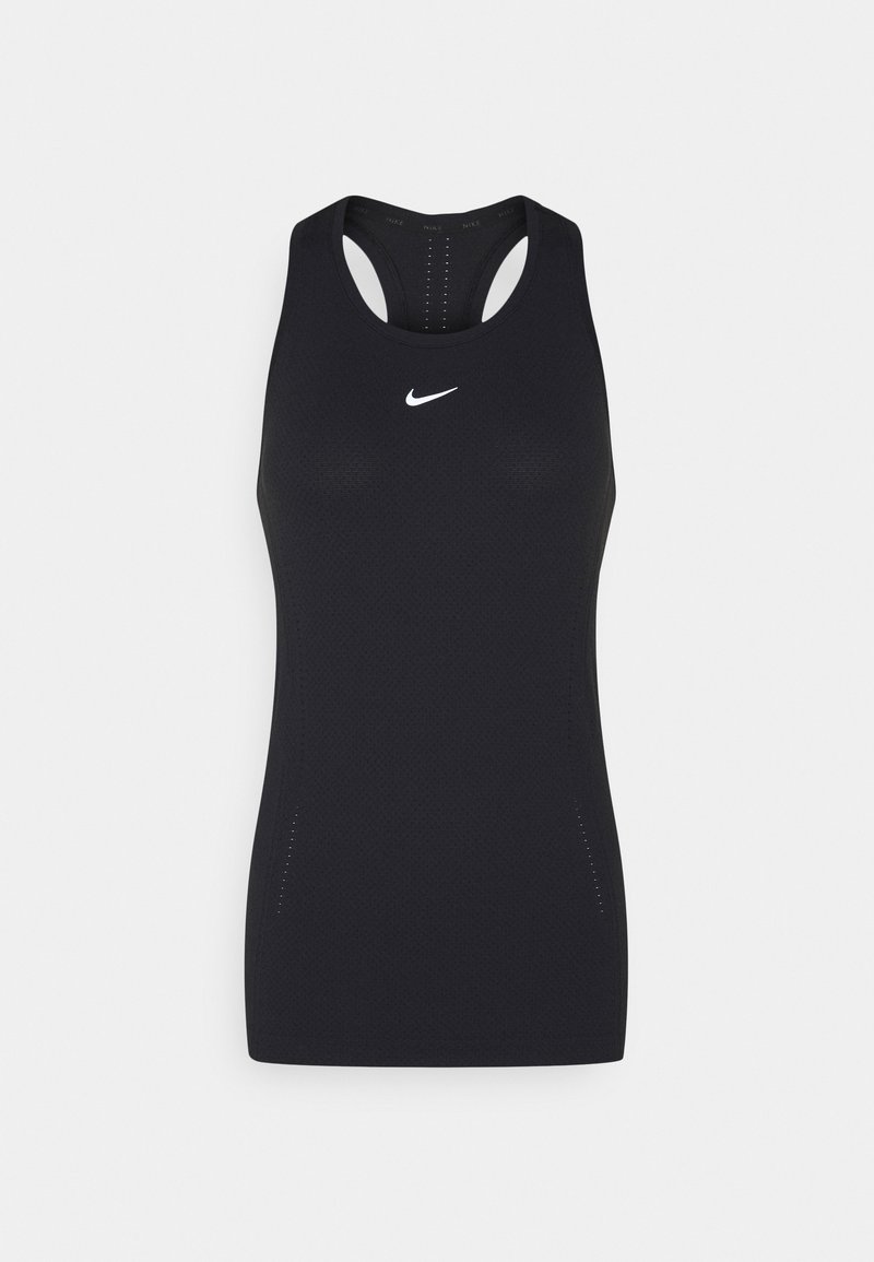 Débardeur de sport noir en tissu texturé, avec un col rond et un dos nageur, orné d'un logo Nike blanc sur la poitrine.
