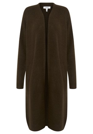 Tumepruuni lõngaga kootud kardigan, millel on pikk, avatud eesmine osa, pikad varrukad ja kaks külgetaskut. Pehme tekstuur ribide otsa varrukatel.