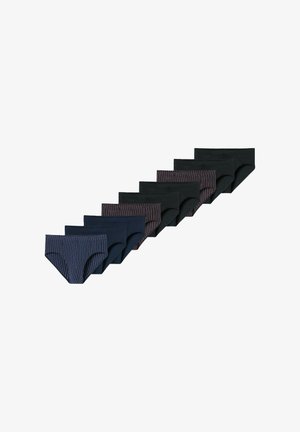 Neuf slips pour homme en noir et bleu marine, comprenant des couleurs unies et un modèle rayé bleu marine sur une paire. Matière en coton doux, coupe classique.
