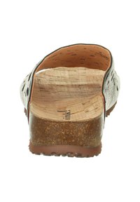 Keilabsatzsandale mit Korkfußbett und strukturiertem schwarzem Lederobermaterial. Offenes Rückendesign mit sichtbarem Innenfutter und Gummiaußensohle.