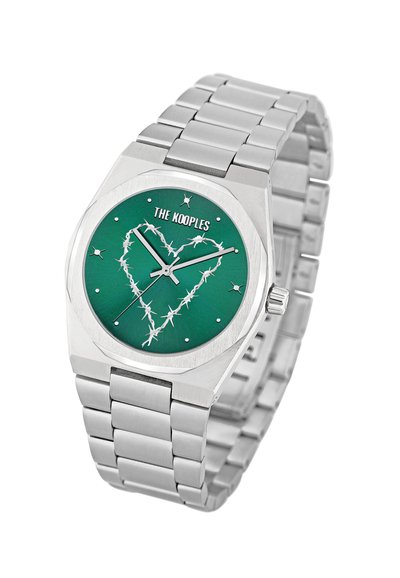 Silver stainless steel watch with an octagonal case, green dial featuring a white barbed wire heart design, and silver hour markers.
