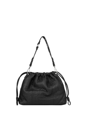 Sac à bandoulière en cuir noir texturé avec cordon de serrage, bandoulière réglable et cordons noués sur les côtés, fond blanc.