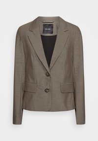 Ruskea räätälöity bleiseri, jossa on lovettu kaulus, kaksi etutaskua, kaksi nappia ja sileä pinta. Vuorattu sisustus mustalla kankaalla.