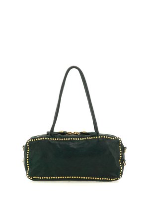 Borsa rettangolare nera con doppi manici, decorata con borchie dorate lungo i bordi e una chiusura a zip dorata sulla parte superiore.