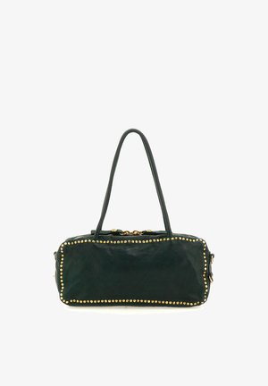 Borsa rettangolare nera con doppi manici, decorata con borchie dorate lungo i bordi e una chiusura a zip dorata sulla parte superiore.