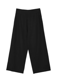 Pantaloni neri a gamba larga realizzati in un tessuto liscio. Presentano una vita alta con pieghe e senza chiusure o decorazioni visibili.