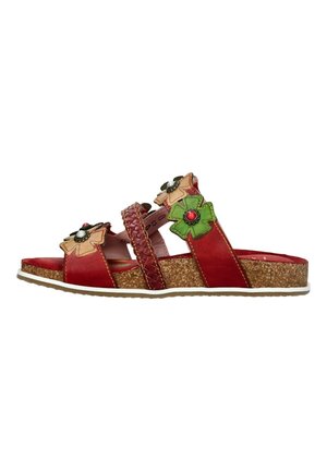 Sandale rouge à enfiler avec semelle en liège, appliques décoratives de fleurs beige et verte, et bride tressée sur le dessus.