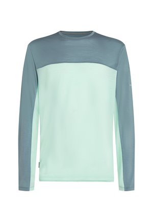 Langærmet atletisk skjorte med en mintgrøn krop og mørkegrå accenter på skuldre og ærmer. Glat stof, rund halsudskæring.