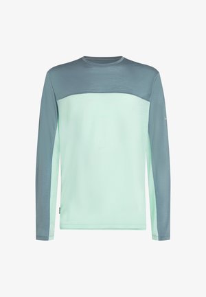 Langærmet atletisk skjorte med en mintgrøn krop og mørkegrå accenter på skuldre og ærmer. Glat stof, rund halsudskæring.
