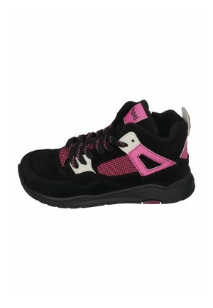 Black and pink mid-top sneaker with suede and mesh materials, padded collar, contrasting accents, and textured laces. Rubber sole.