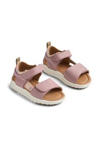 Ljust rosa sandaler med texturerat överdel, två justerbara kardborreband, blommig tygfoder och vit gummisula.