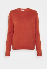Maglione rosso lavorato a maglia con scollo rotondo, polsini e orlo a coste, realizzato in materiale morbido, con un design classico e dritto.