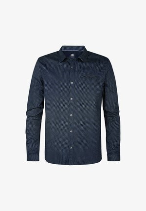 Marineblauses Langarmhemd mit weißen Punkten, Knopfkragen, einer Brusttasche und Knopfverschlüssen an der Vorderseite.