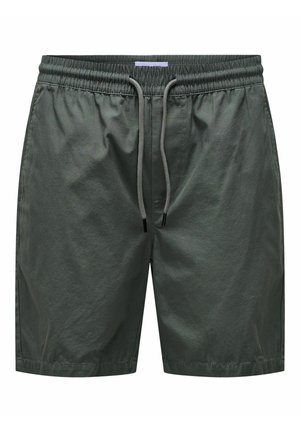 Green shorts made of lightweight fabric with an elastic waistband and drawstring, featuring a smooth texture and a simple design.