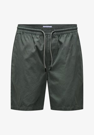 Green shorts made of lightweight fabric with an elastic waistband and drawstring, featuring a smooth texture and a simple design.