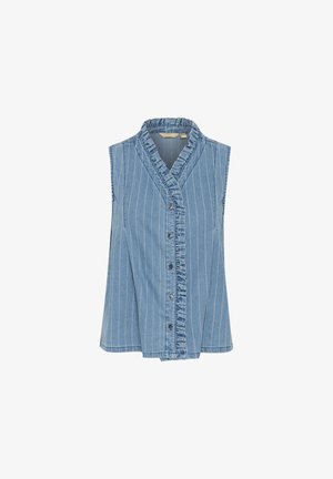 Light blue sleeveless shirt made of denim with vertical white stripes, featuring a ruffled collar and a button-front closure.