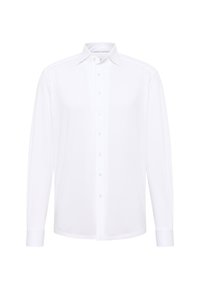 Witte dressshirt met lange mouwen, een klassieke kraag en een knoopsluiting aan de voorkant, weergegeven tegen een effen witte achtergrond.