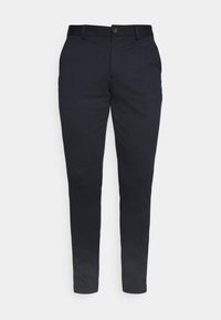 Navy blauwe broek van gladde stof, slim fit ontwerp, met standaardzakken en een knoopsluiting in de taille. Geen zichtbare patronen of accenten.