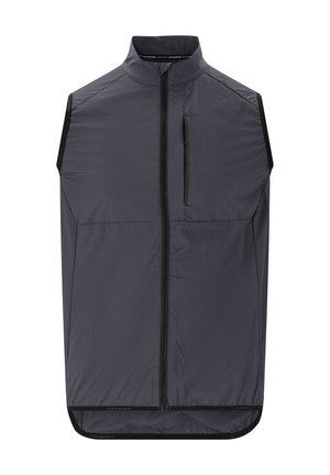 Gilet senza maniche in tessuto grigio scuro, dotato di una zip lungo tutta la lunghezza e di una piccola tasca sul petto, con una texture liscia e leggera.