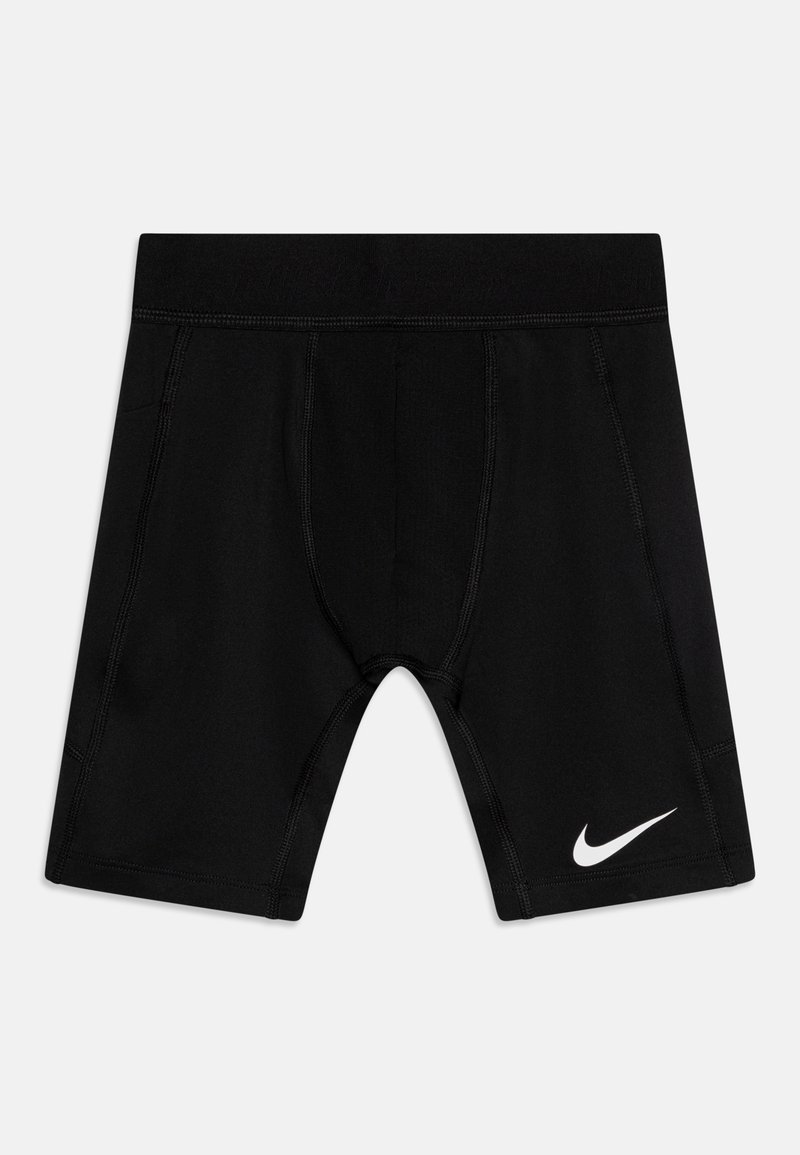 Black athletic shorts made of stretchy fabric, featuring a smooth texture, flatlock seams, and a white Nike logo on the lower left side.