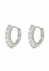 Silverhänge med en rad av klara, runda ädelstenar i klorinställning, med en polerad yta och slät textur.