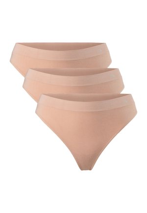 Tři páry dámských bikinových kalhotek z hladkého pružného bavlněného materiálu s jemným pasem a decentním logem na levé přední straně.