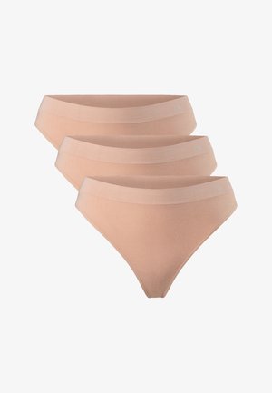 Tři páry dámských bikinových kalhotek z hladkého pružného bavlněného materiálu s jemným pasem a decentním logem na levé přední straně.