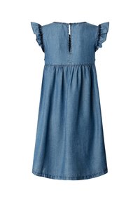 Modra denim brezrokavna obleka z nabrano pasom, nabranimi kratkimi rokavi in zapiranjem z gumbom na hrbtu.