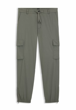 Cargo pants in a muted olive green fabric, featuring an elastic waistband, drawstring, two side pockets, and tapered ankle cuffs with zippers.