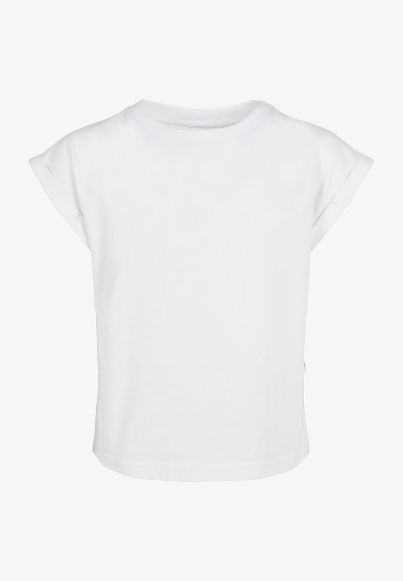Bílé tričko s krátkým rukávem a ohrnutými manžetami, vyrobené z jemné bavlny, s kulatým výstřihem a uvolněným střihem. Bez viditelných vzorů nebo doplňků.