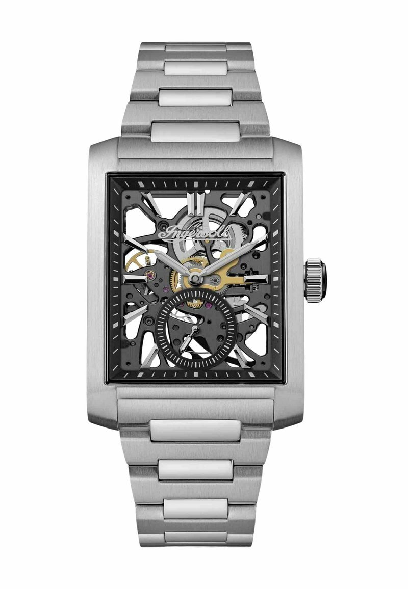 Zegarek szkieletowy ze stali nierdzewnej z kwadratową czarną tarczą, widocznymi zębatkami, srebrnymi akcentami oraz teksturowanym paskiem z prostokątnymi ogniwami.