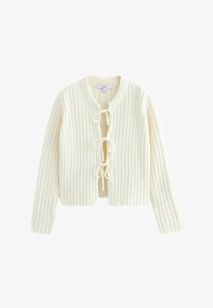 Ebarelvärviline ribadesega kootud kardigan pikkade varrukatega, ümmarguse kaelusega ja kolme ees oleva sidumisega. Pehme tekstuur ja lühiülikond.