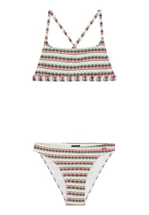 Pruhovaný bikiny set s braletovým vrchom a nízko strihanými spodkami. Obsahuje vlnité línie v ružovej, zelenej a krémovej farbe na ľahkej tkanine.