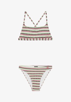 Gestreept bikini-set met een bralette-top en een lage taille onderkant. Bevat golvende lijnen in roze, groen en crème op een lichte stof.