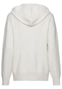 Cremfarbener Kapuzenpullover mit lockerer Passform, der eine weiche Textur und auffällige Buchstaben auf der Kapuze aufweist. Minimalistisches Design mit gerippten Bündchen.