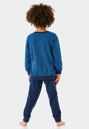 Langarmshirt mit blauen und marineblauen Streifen sowie elastischen Bündchen, kombiniert mit marineblauen Sweatpants mit gerafften Knöcheln. Aus weichem Baumwollmaterial.