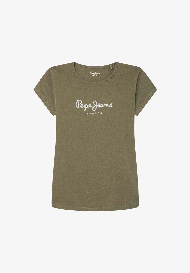 Alyvuogių žalios spalvos medvilninė marškinėliai su trumpomis rankovėmis, apvaliu iškirpimu ir balta kreivėmis raidėmis "Pepe Jeans London" užrašytomis priekyje.