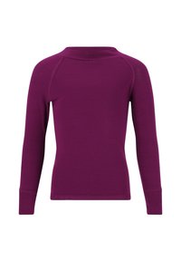 Paarse thermoshirt met lange mouwen en ronde hals, gemaakt van gladde, rekbare stof voor actieve kleding.