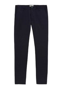 Pantalon bleu marine en tissu lisse, doté de deux poches avant, d'une fermeture à bouton et d'une coupe ajustée.