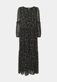 Lång svart klänning med blommönster i grönt, orange och beige. Genomskinligt tyg, långa ärmar, smock vid midjan och volangkjol.