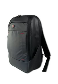 Zwarte rugzak met een slank, textuurdesign. Kenmerken zijn onder andere ritscompartimenten, gevoerde banden en een subtiele logoaccent.