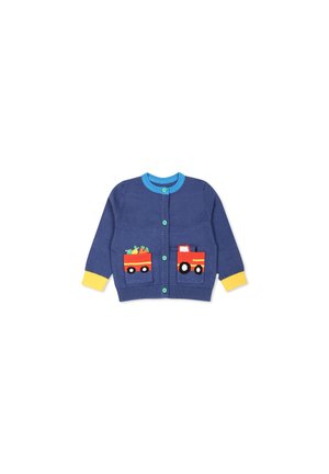 Cardigan blu con polsini gialli, chiusura a bottoni e due tasche frontali con decorazioni a soggetto trattore e ricami colorati. Tessuto liscio.