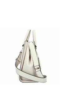 Borsa a tracolla in pelle di colore crema con manici superiori doppi e cinghia regolabile, vista di lato su sfondo bianco.