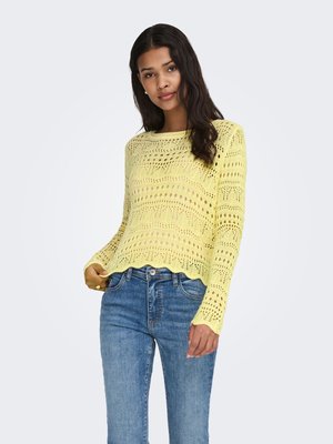 Nainen, joka pitää kädessään keltaisen pitkähihnaisen virkattua neulepuseroa ja pukeutuneena sinisiin farkkuihin.