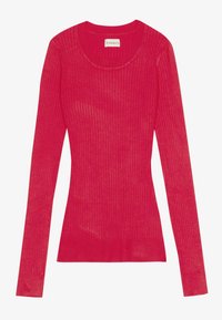 Haut en maille côtelée rose vif à manches longues avec col rond et silhouette ajustée, étiqueté "Even&Odd."