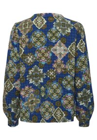 Niebieska bluzka z długim rękawem, zdobiona wielokolorowymi, skomplikowanymi wzorami kwiatowymi i geometrycznymi, z lekko gathered designem mankietów.